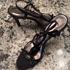 Alfani Elegant Black Strappy Heels.. beaded black 
Jewels ..preowned .size 9